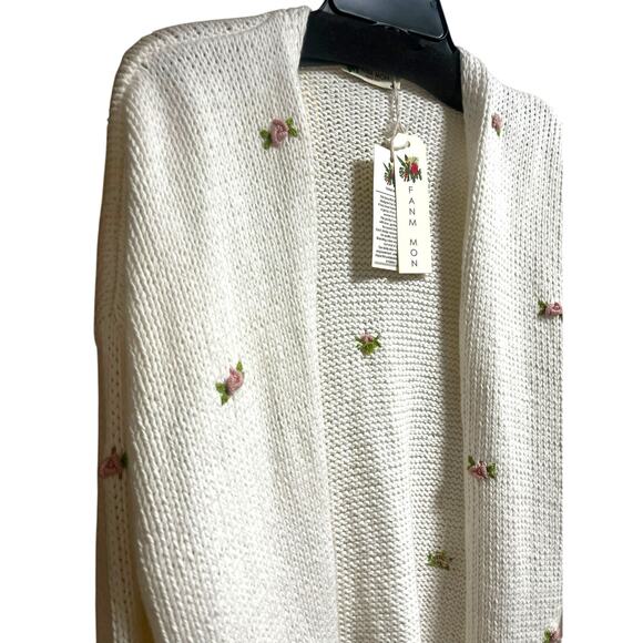 Fanm Mon Hand Knit Pink Rose Cardigan Cotton Sweater | Womens M L NEW - Picture 6 of 13